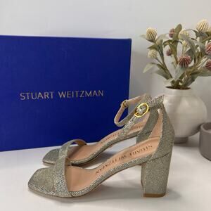 Stuart Weitzman Nudistcurve 75 Metallic Textile Block Heel New Pyrite Women's 6B